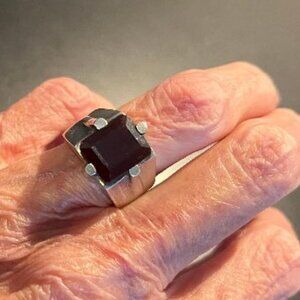 Unique Sterling Ring with Faceted Black Chalcedony Stone - Size 6-1/4